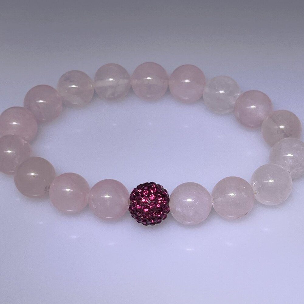 Natural Rose Quartz beaded bracelet with rhinestone bead, elastic, no clasp NWOT